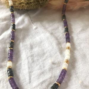 Collier améthyste jaspe sur tissu